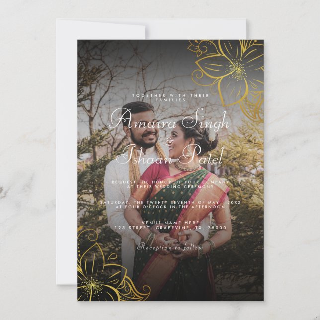 Convite Casamento índio moderno e Dourado tradicional (Frente)