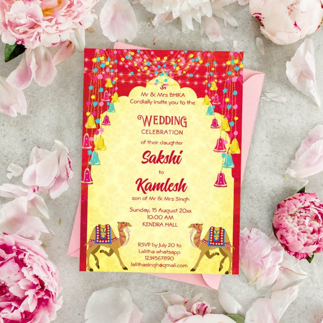 Convite Casamento índio: Rajasthani camela colorida (Indian wedding template invitation instant download Rajasthani camels arch frame cerise and yellow)