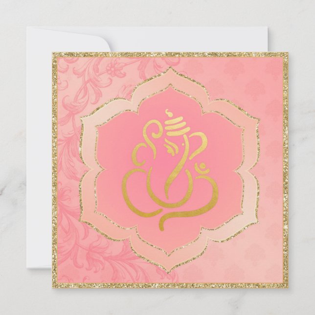 Convite Casamento Índio Rosa Damask Dourado Ganesh  (Frente)