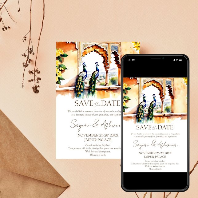 Convite Casamento índio salva a data do pavão Jaipur palac (Indian wedding Save the date Jaipur palace with peacocks editable template invitation  download)