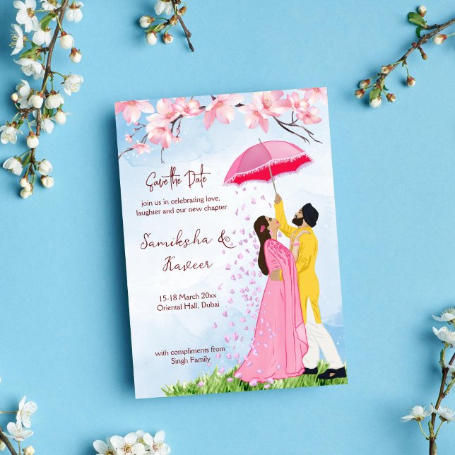 Convite Casamento índio salve o casal com guarda-chuva (Indian wedding save the date card romantic Indian couple with umbrella falling petals template)