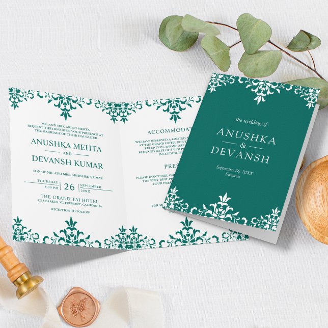 Convite Casamento índio tradicional com Teal Damask (Criador carregado)