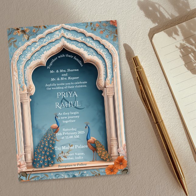 Convite Casamento Índio Vintage Ornamentado Elegante (blue indian arch with two peacocks wedding invitation)