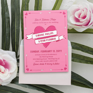 Convite Casamento Informal com Coração Rosa e Flechas & Fi