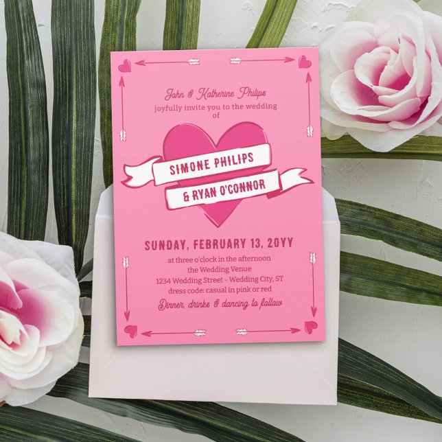 Convite Casamento Informal com Coração Rosa e Flechas & Fi (Criador carregado)