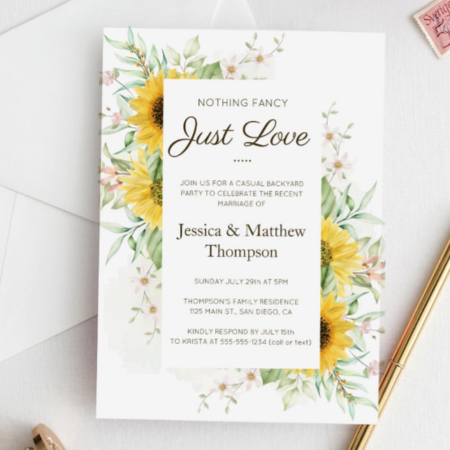 Convite Casamento Informal com Girassóis Recepção de Fuga (Criador carregado)