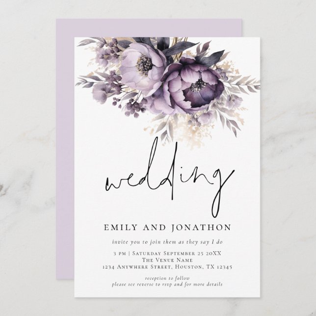 Convite Casamento Informal De Lilac Purple Florals (Frente/Verso)