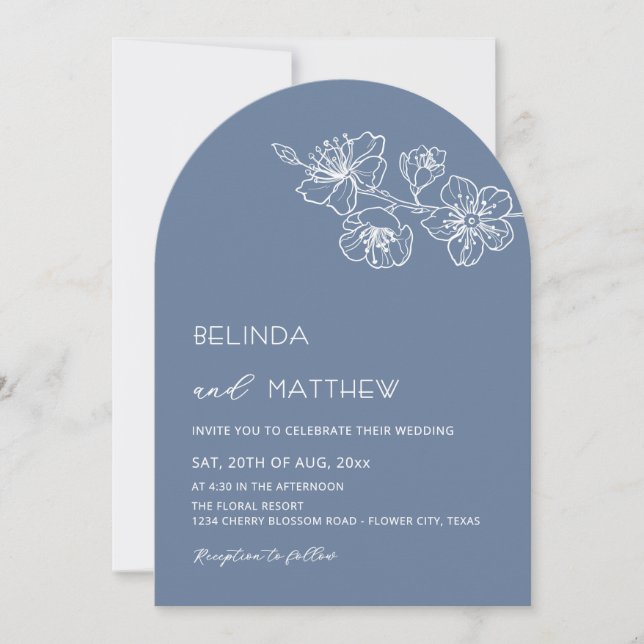 Convite Casamento Informal Flores Brancas Azul Poeirento (Frente)