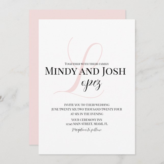 Convite Casamento Inicial Cor-de-Rosa Elegante (Frente/Verso)