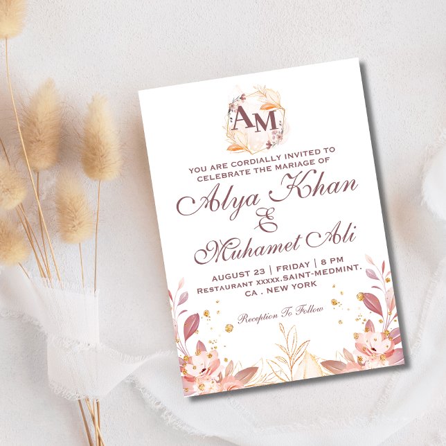 Convite Casamento inicial da Flor Botânica Rústica (Criador carregado)