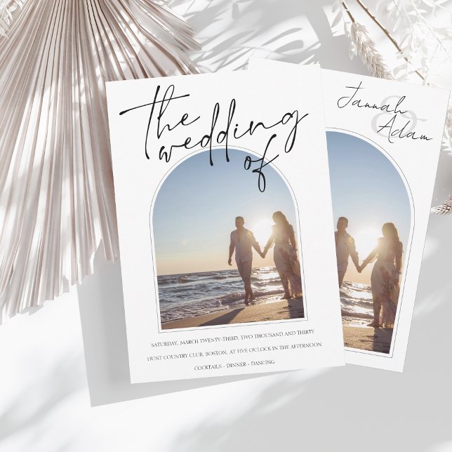 Convite Casamento inicial de fotos do Arch Branco preto mo (Criador carregado)