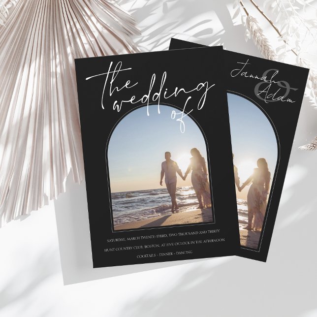Convite Casamento inicial de fotos do Arch Branco preto mo (Criador carregado)