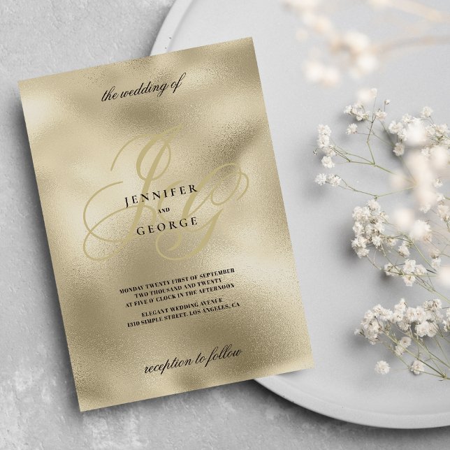 Convite Casamento inicial de ouro de luxo e monograma negr (Luxury gold and black monogram initial wedding invitation )