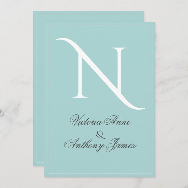 Convite Casamento inicial do quadro branco azul monograma (Frente/Verso)