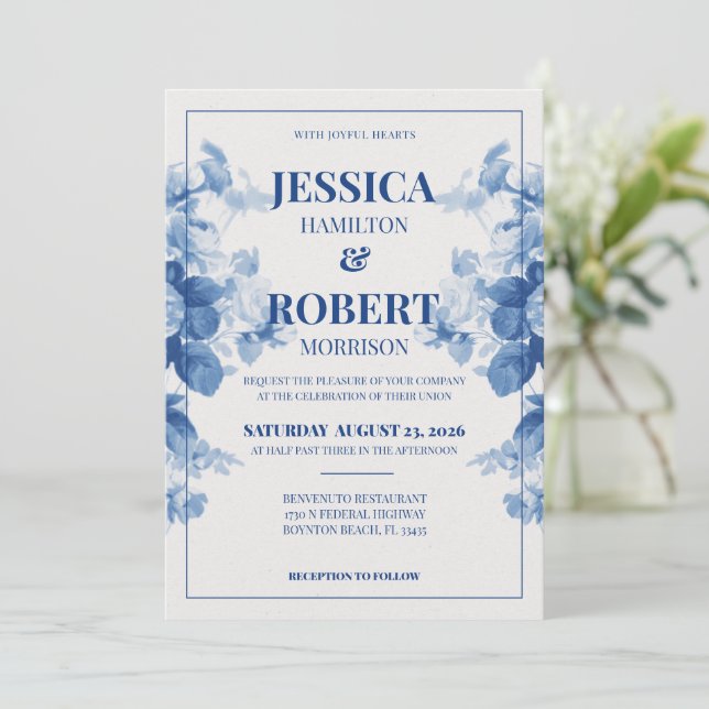 Convite Casamento Inspirado por Chinoiserie Floral Blue Vi (Em pé/Frente)