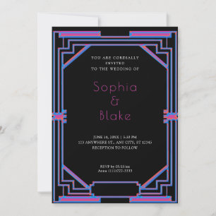 Convite Casamento Intrincado Preto, Roxo e Azul Art Déco