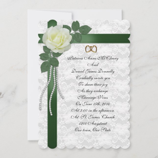 Convite Casamento Invitation White rose, fitas verdes (Frente)