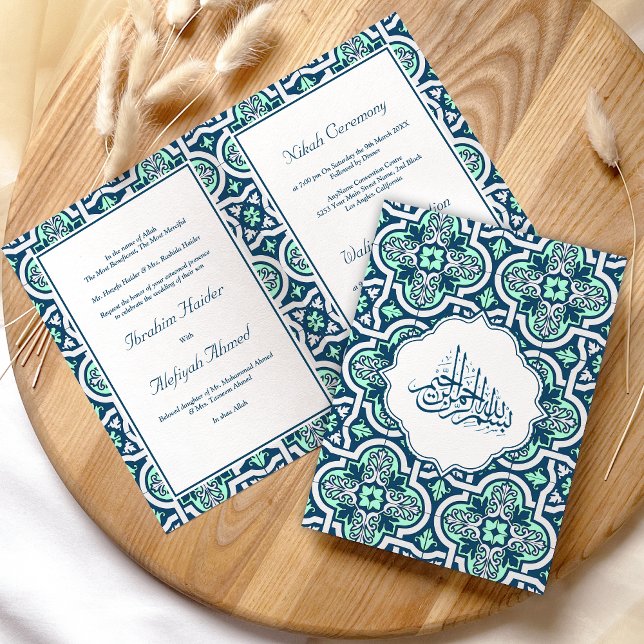 Convite Casamento Islâmico Árabe Azul e Mint (Criador carregado)