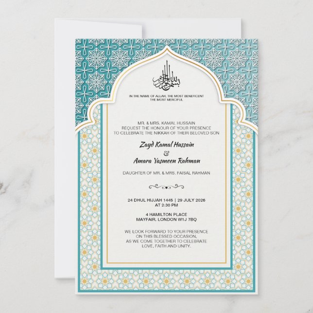 Convite Casamento Islâmico Arabesco em Azul-Celeste e Péro (Frente)
