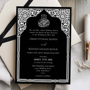 Convite Casamento Islâmico Arco Preto e Branco Ornado Arab