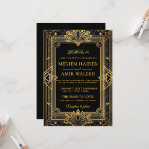 Convite Casamento Islâmico Art Déco Preto e Dourado Vintag