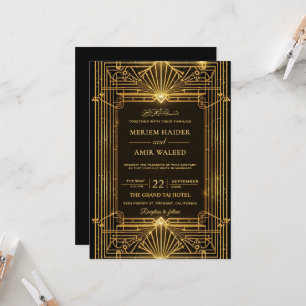 Convite Casamento Islâmico Art Déco Preto e Dourado Vintag