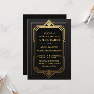Convite Casamento Islâmico Art Déco Preto e Dourado Vintag