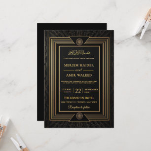 Convite Casamento Islâmico Art Déco Preto e Dourado Vintag