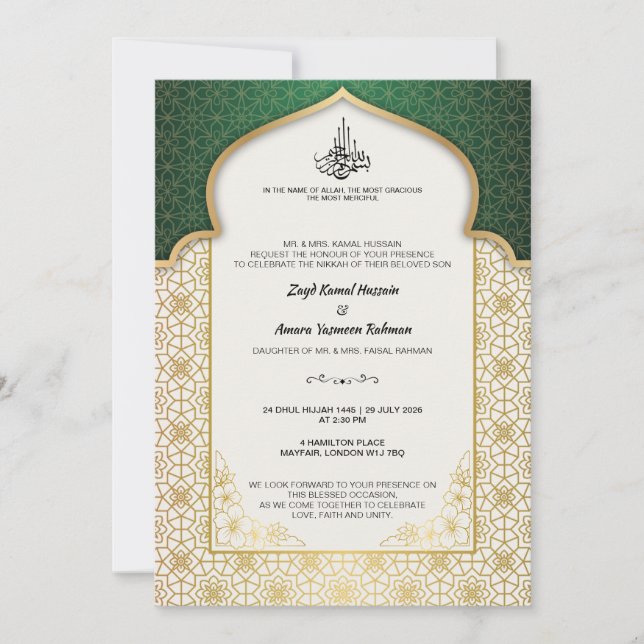 Convite Casamento Islâmico Atemporal – Esmeralda & Dourado (Frente)