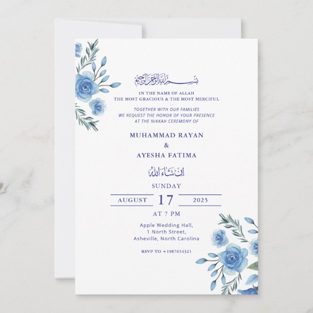 Convite Casamento Islâmico Azul Floral Elegante Nikkah Ára (Frente)