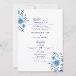 Convite Casamento Islâmico Azul Floral Elegante Nikkah Ára