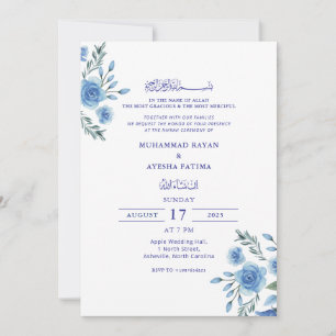 Convite Casamento Islâmico Azul Floral Elegante Nikkah Ára