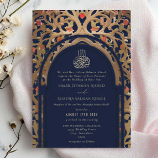 Convite Casamento Islâmico Azul Naval Mihrab Arabesco
