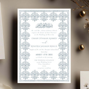 Convite Casamento Islâmico Azul Romântico Ornamentado Vint