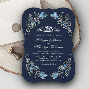 Convite Casamento Islâmico Borboletas Florais Azul Safira