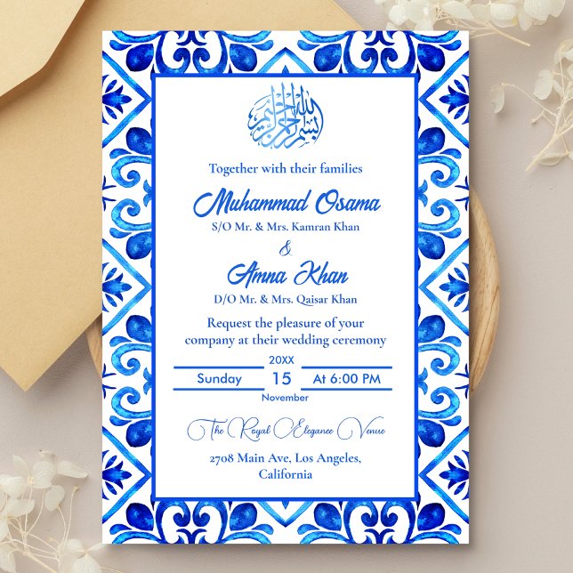 Convite Casamento Islâmico Branco e Azul do Marrocos (Criador carregado)