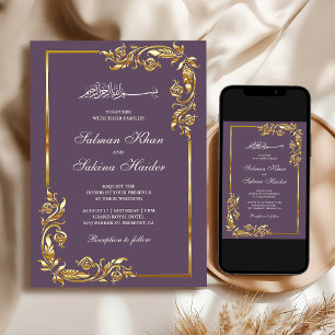 Convite Casamento Islâmico com Bordadura Floral em Dourado