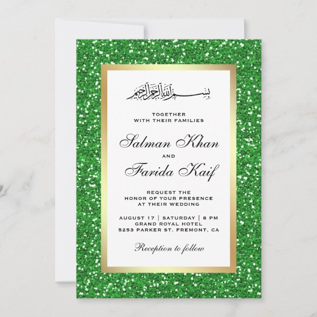 Convite Casamento Islâmico com Brilho Verde e Folha Dourad (Frente)