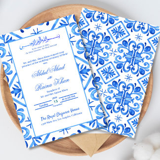 Convite Casamento Islâmico com Padrão Marroquino Azul e Br