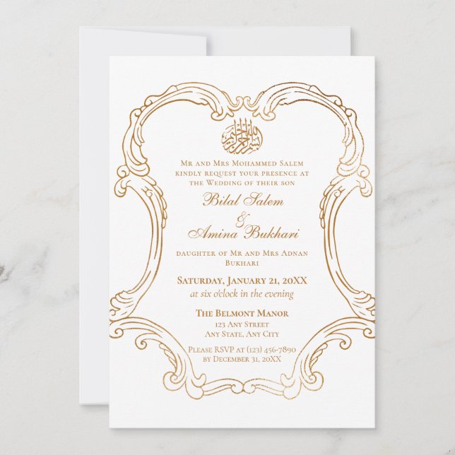 Convite Casamento Islâmico da Frame Dourada Elegante Vinta (Frente)