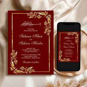 Convite Casamento Islâmico da Fronteira Floral Dourada Ver