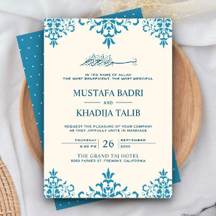 Convite Casamento Islâmico de Creme Elegante e Damasco Az