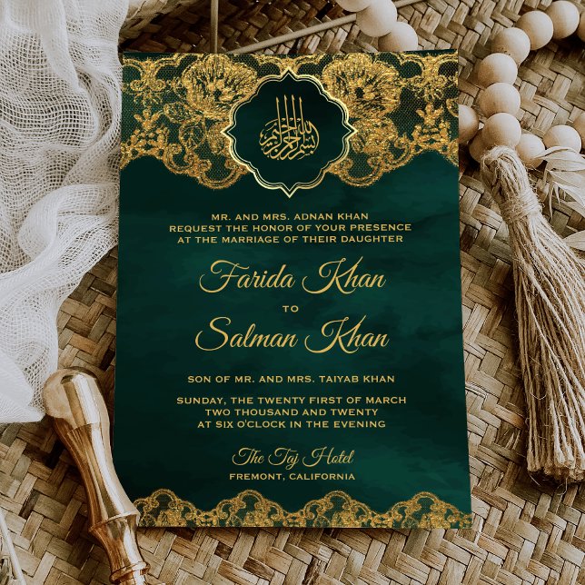 Convite Casamento Islâmico de Emerald Gold Foil Lace Muçul (Criador carregado)