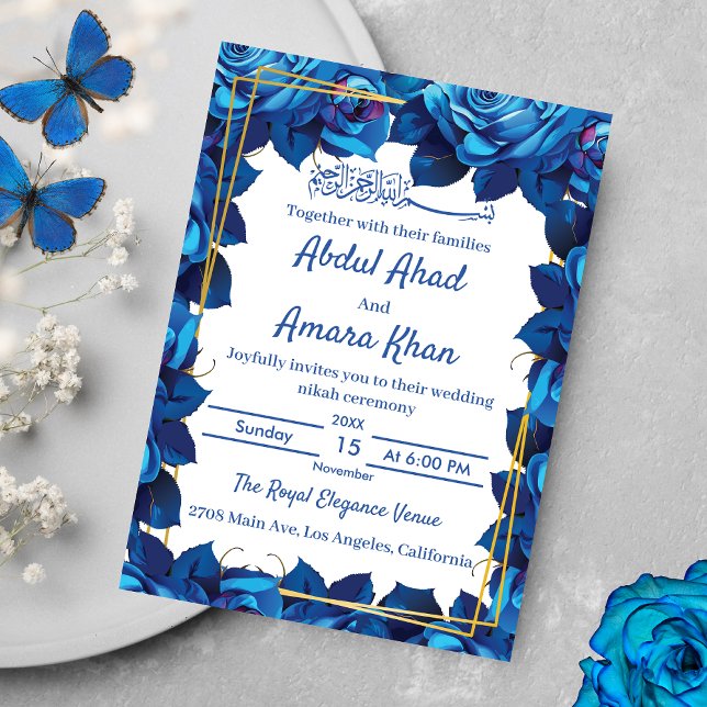 Convite Casamento Islâmico de Frame Marinho Floral Azul e  (Criador carregado)
