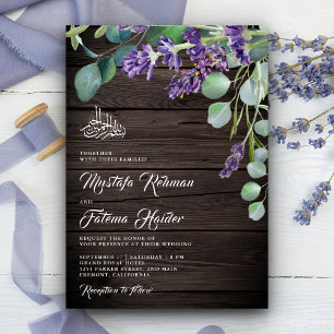 Convite Casamento Islâmico de Madeira Rústica Lavanda Euca