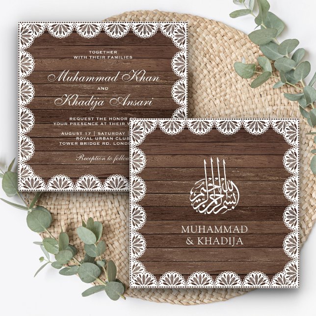 Convite Casamento Islâmico de Madeira Rústica Vintage com  (Criador carregado)