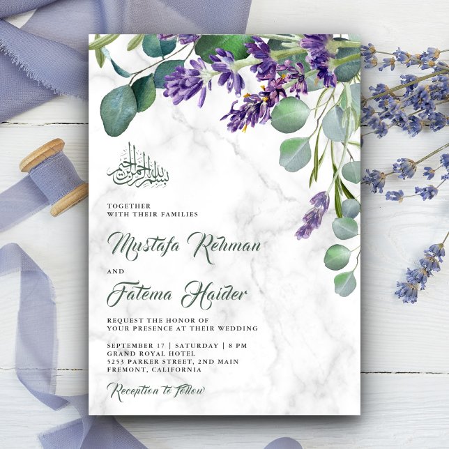 Convite Casamento Islâmico de Mármore de Eucalipto Lavanda (Criador carregado)