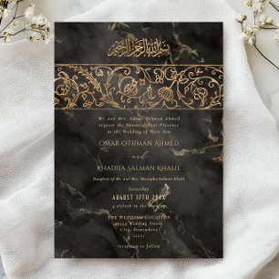 Convite Casamento Islâmico de Mármore Preto Floral de Luxo