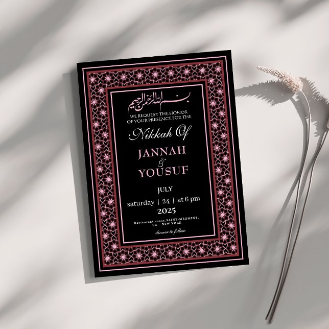 Convite Casamento islâmico de Nikkah, preto e rosa, (Criador carregado)