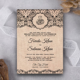 Convite Casamento Islâmico de Vintage Black Lace Rustic Bu